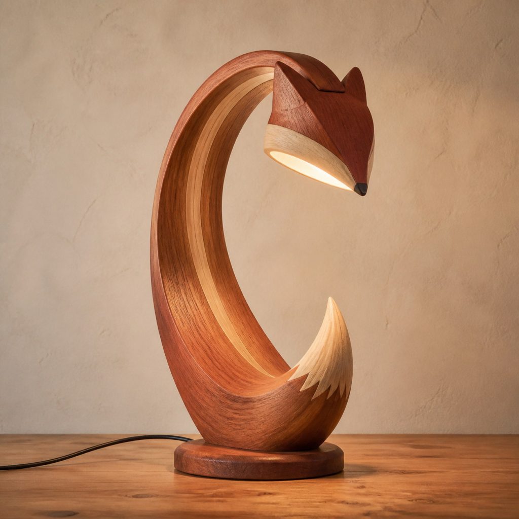 Fox-Tail Desk Lamp shown as an original square photorealistic wooden fox lamp with authentic wood grain, recognizable animal form, and warm diffused light