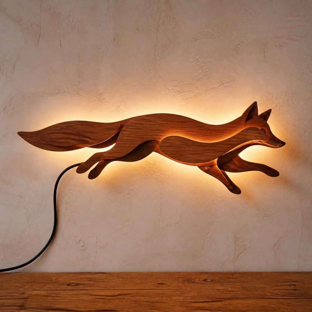 Running Fox Wall Sconce shown as an original square photorealistic wooden fox lamp with authentic wood grain, recognizable animal form, and warm diffused light