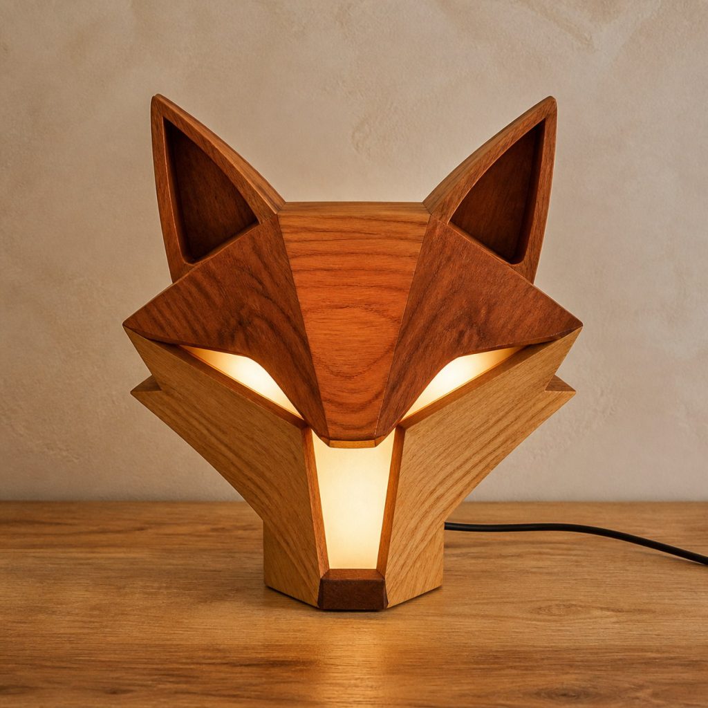 Geometric Fox Face Lamp shown as an original square photorealistic wooden fox lamp with authentic wood grain, recognizable animal form, and warm diffused light