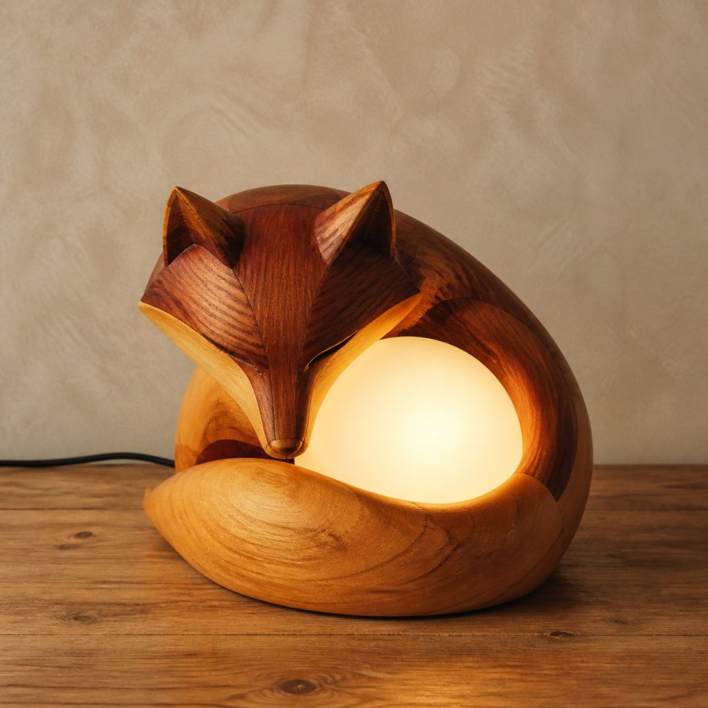 Sleeping Fox Orb Lamp shown as an original square photorealistic wooden fox lamp with authentic wood grain, recognizable animal form, and warm diffused light
