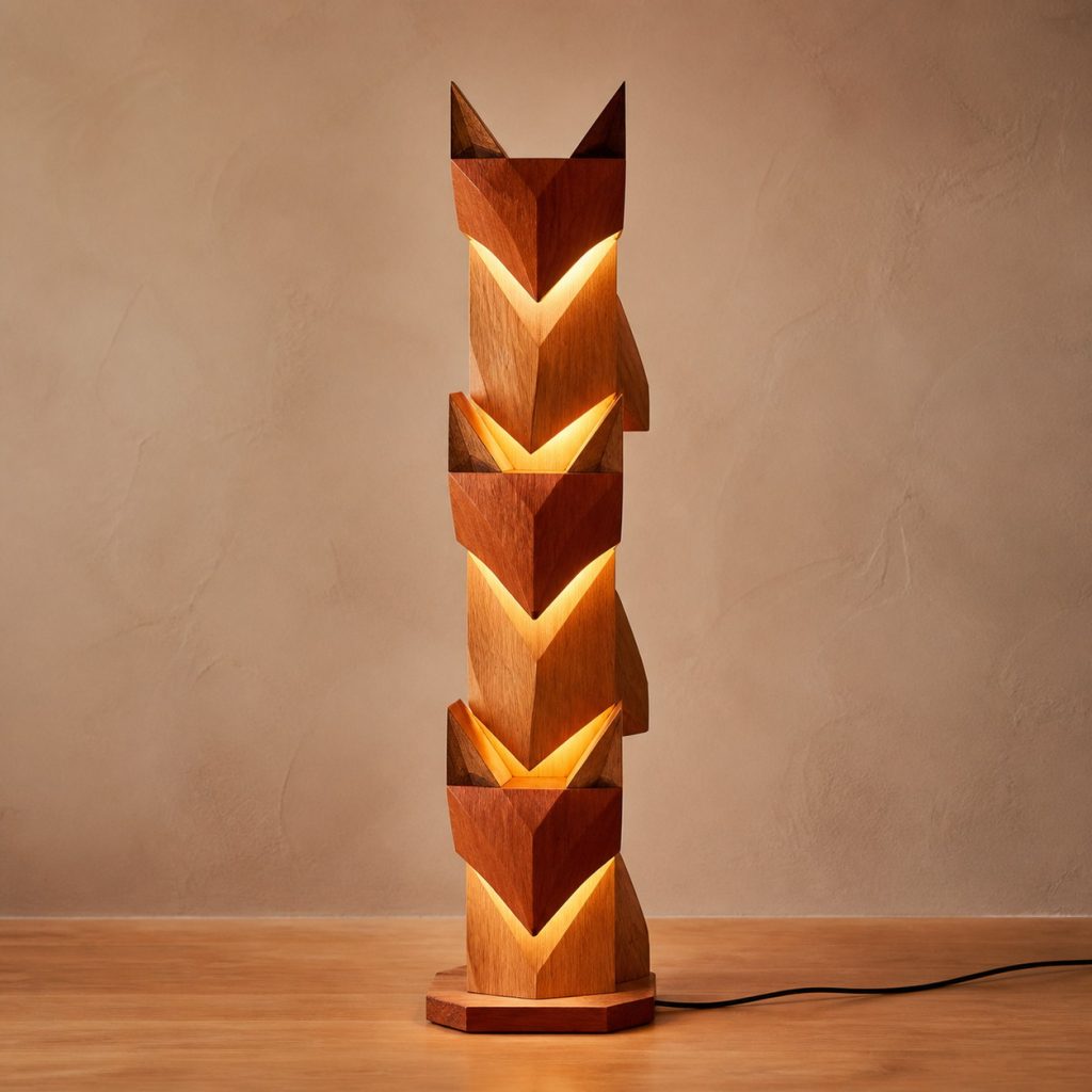 Stacked Fox Floor Lamp shown as an original square photorealistic wooden fox lamp with authentic wood grain, recognizable animal form, and warm diffused light