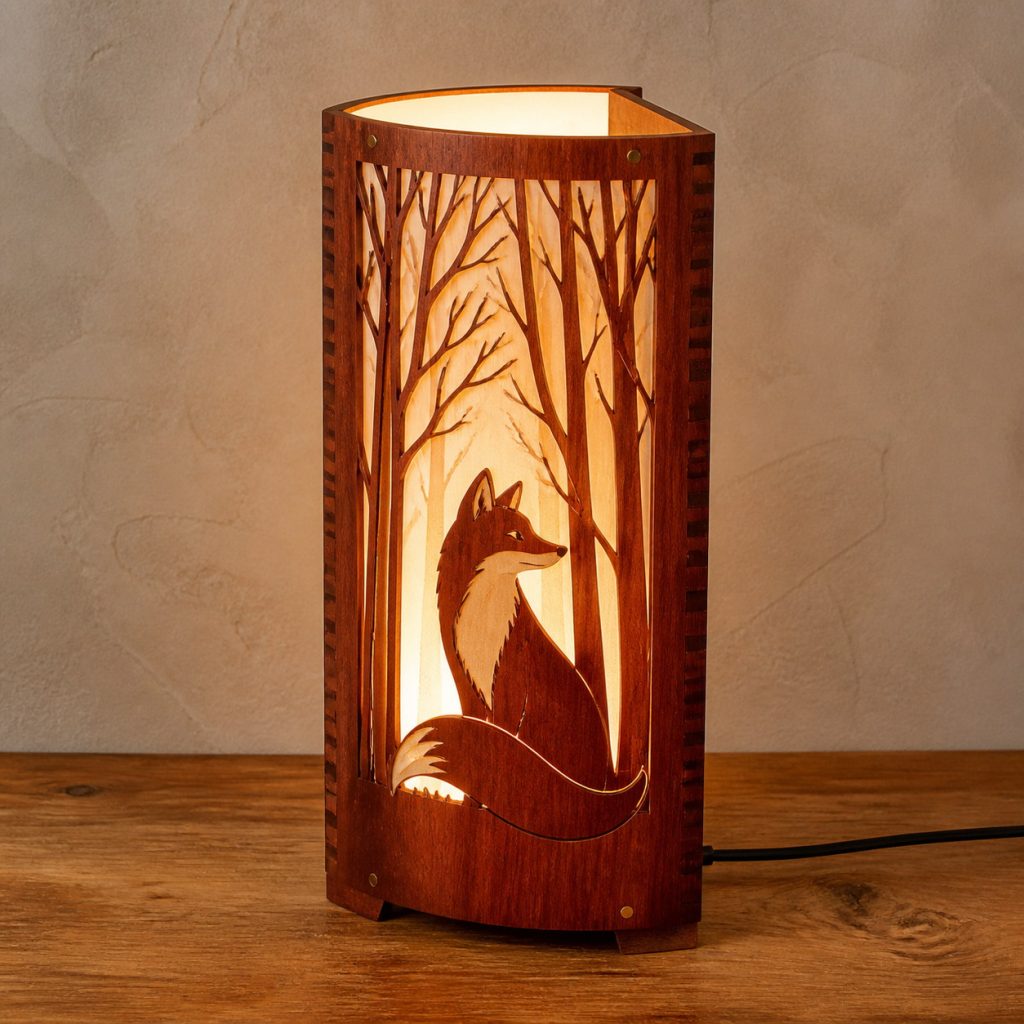Woodland Fox Lantern shown as an original square photorealistic wooden fox lamp with authentic wood grain, recognizable animal form, and warm diffused light