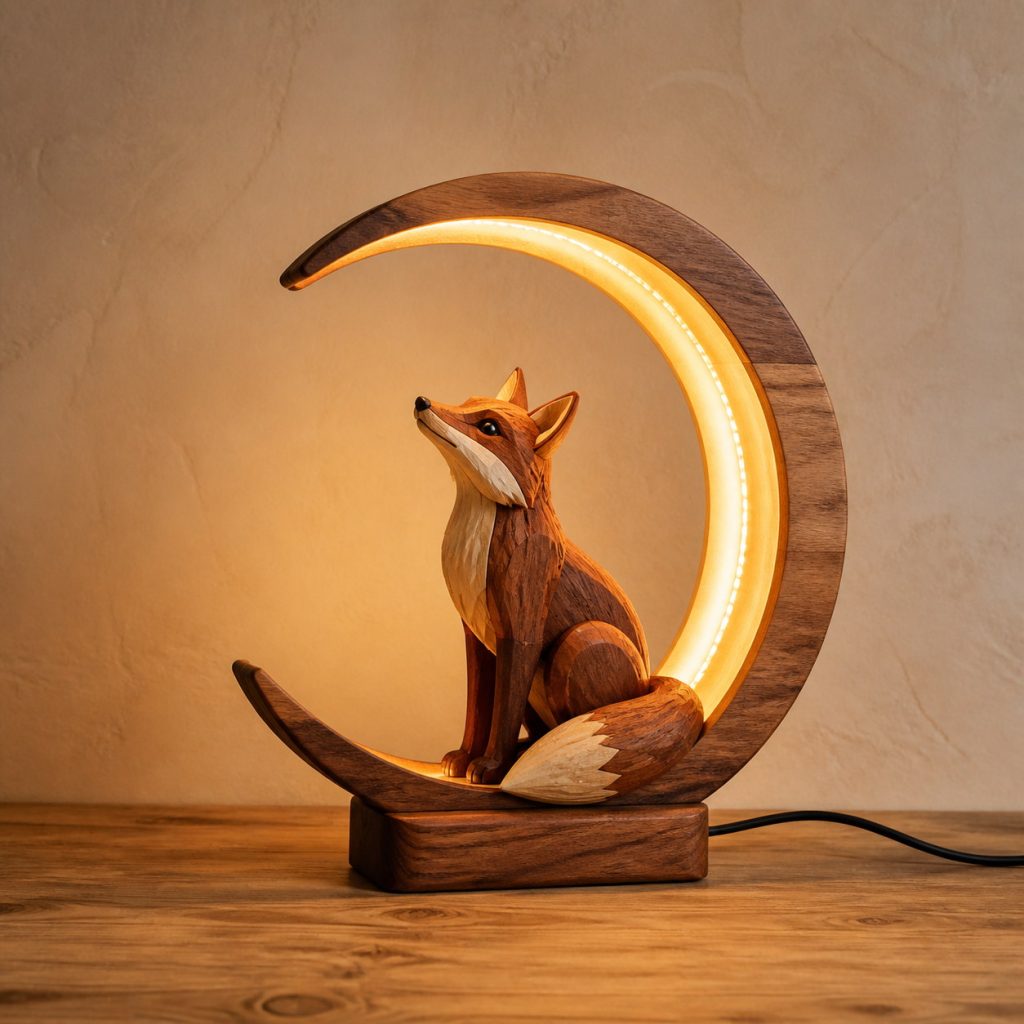 Fox Crescent-Moon Lamp shown as an original square photorealistic wooden fox lamp with authentic wood grain, recognizable animal form, and warm diffused light