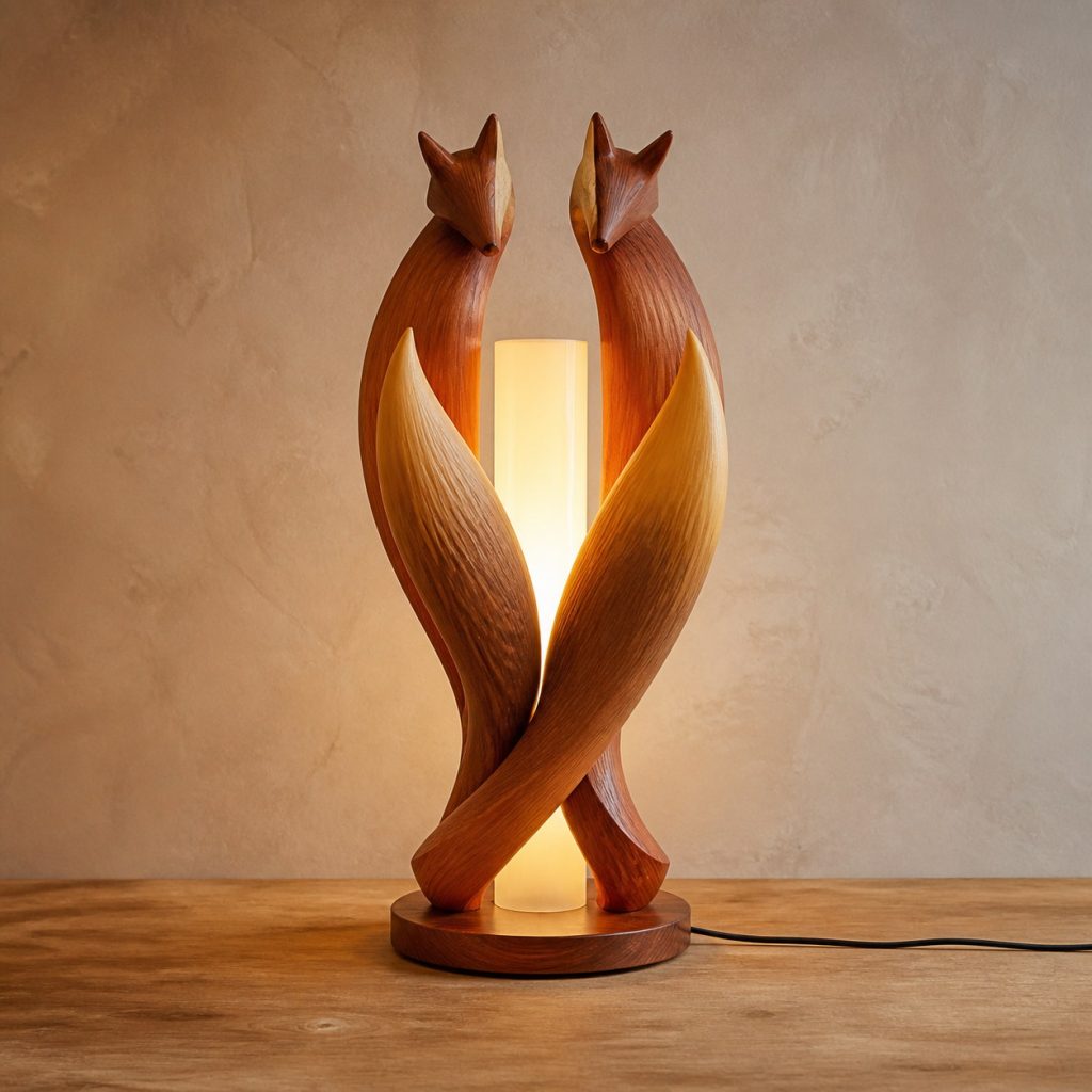 Twin-Tail Fox Floor Lamp shown as an original square photorealistic wooden fox lamp with authentic wood grain, recognizable animal form, and warm diffused light