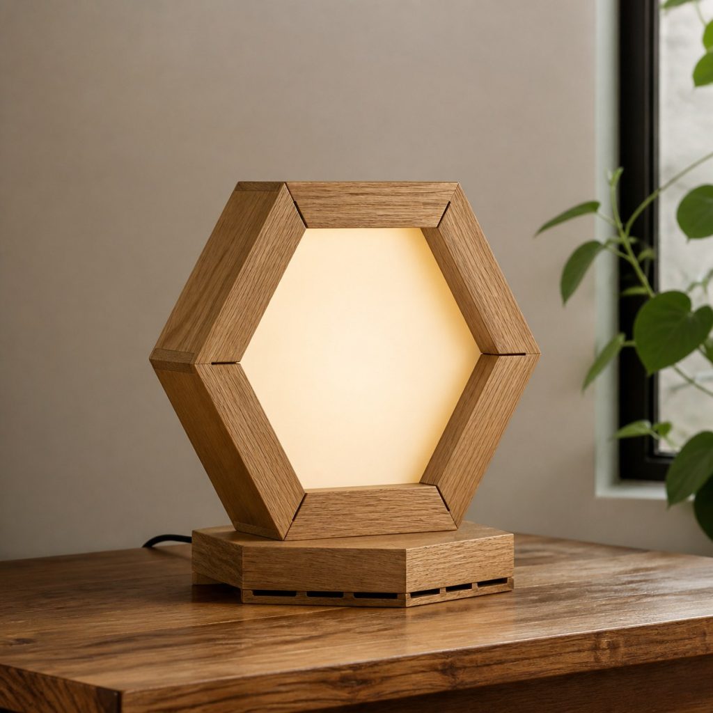 Oak Diffused Hexagon Lamp shown as an original square photorealistic wooden hexagon lamp with authentic wood grain, warm diffused light, and a short dark power cord