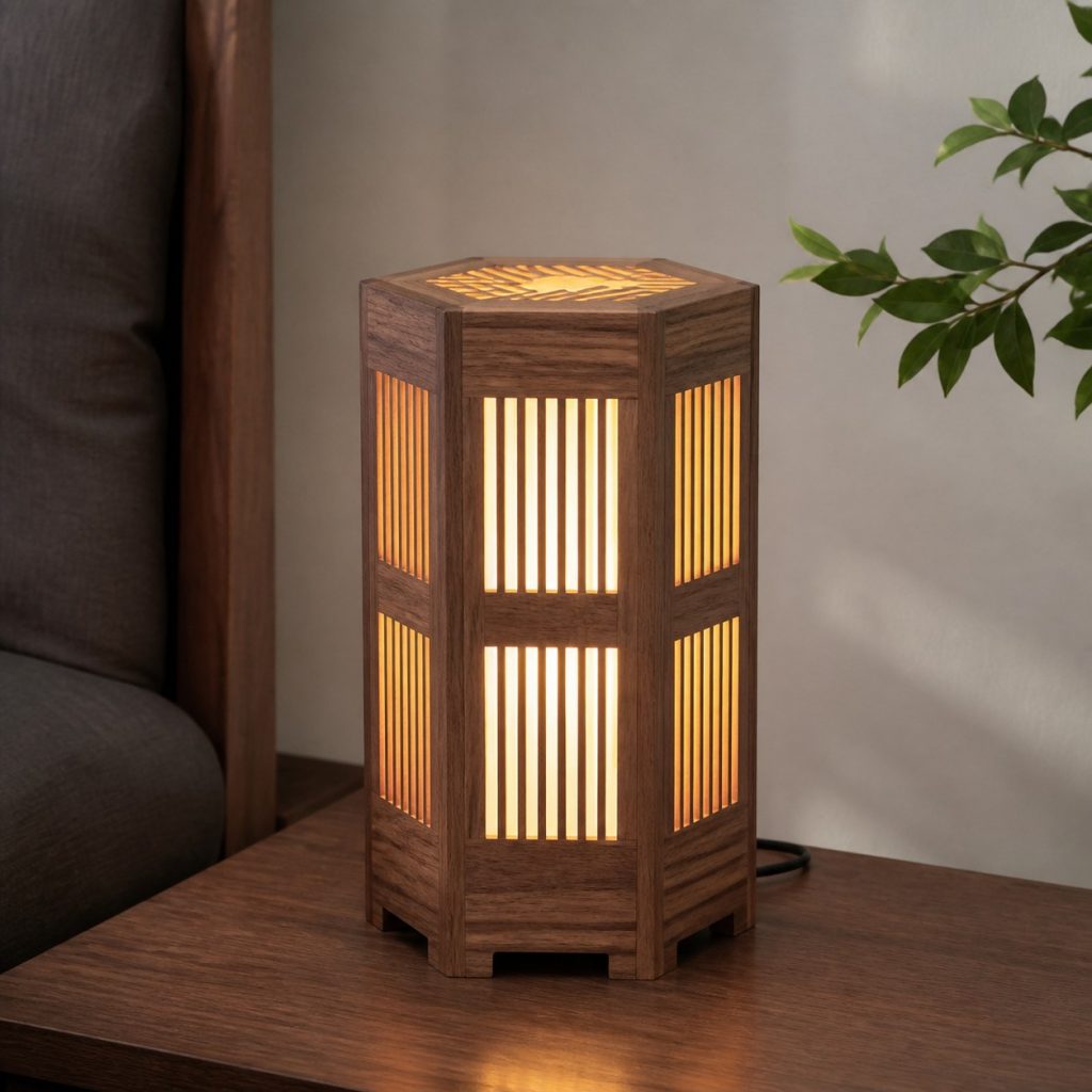 Walnut Hexagonal Lantern shown as an original square photorealistic wooden hexagon lamp with authentic wood grain, warm diffused light, and a short dark power cord