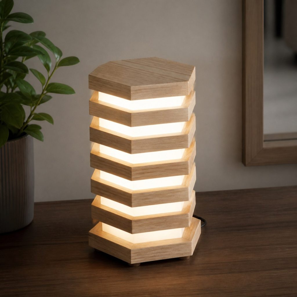 Stacked Ash Hexagon Lamp shown as an original square photorealistic wooden hexagon lamp with authentic wood grain, warm diffused light, and a short dark power cord
