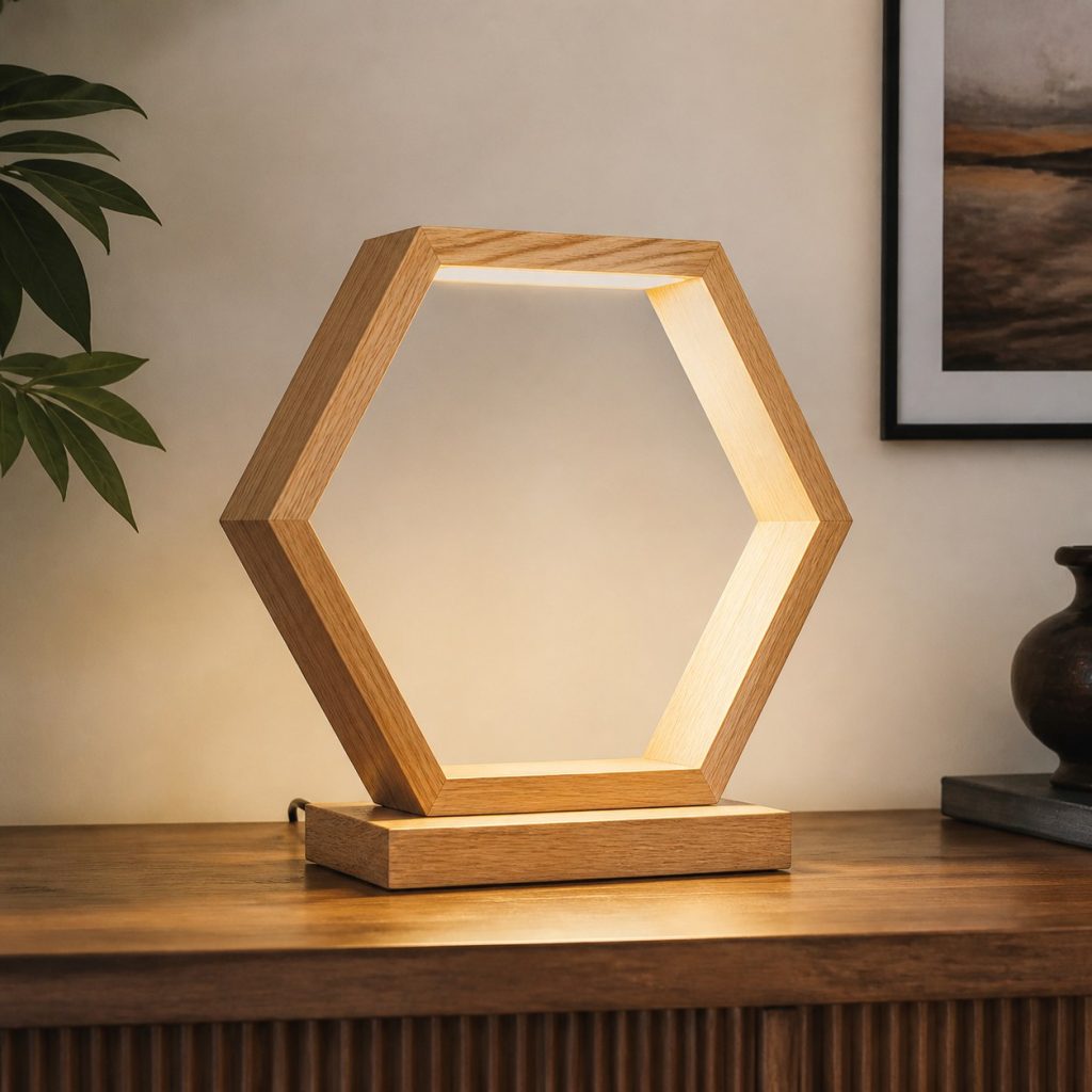 Open-Frame Maple Hexagon Lamp shown as an original square photorealistic wooden hexagon lamp with authentic wood grain, warm diffused light, and a short dark power cord