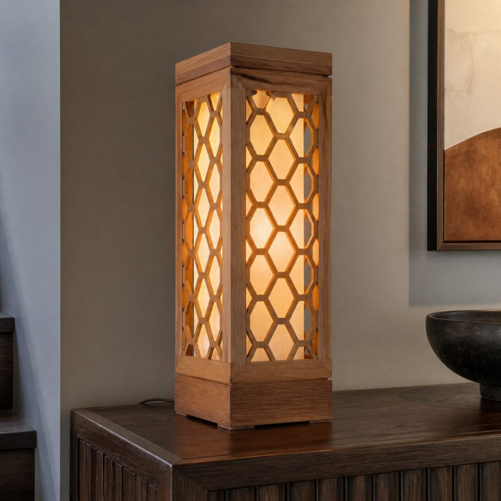 Cedar Honeycomb Console Lamp shown as an original square photorealistic wooden hexagon lamp with authentic wood grain, warm diffused light, and a short dark power cord