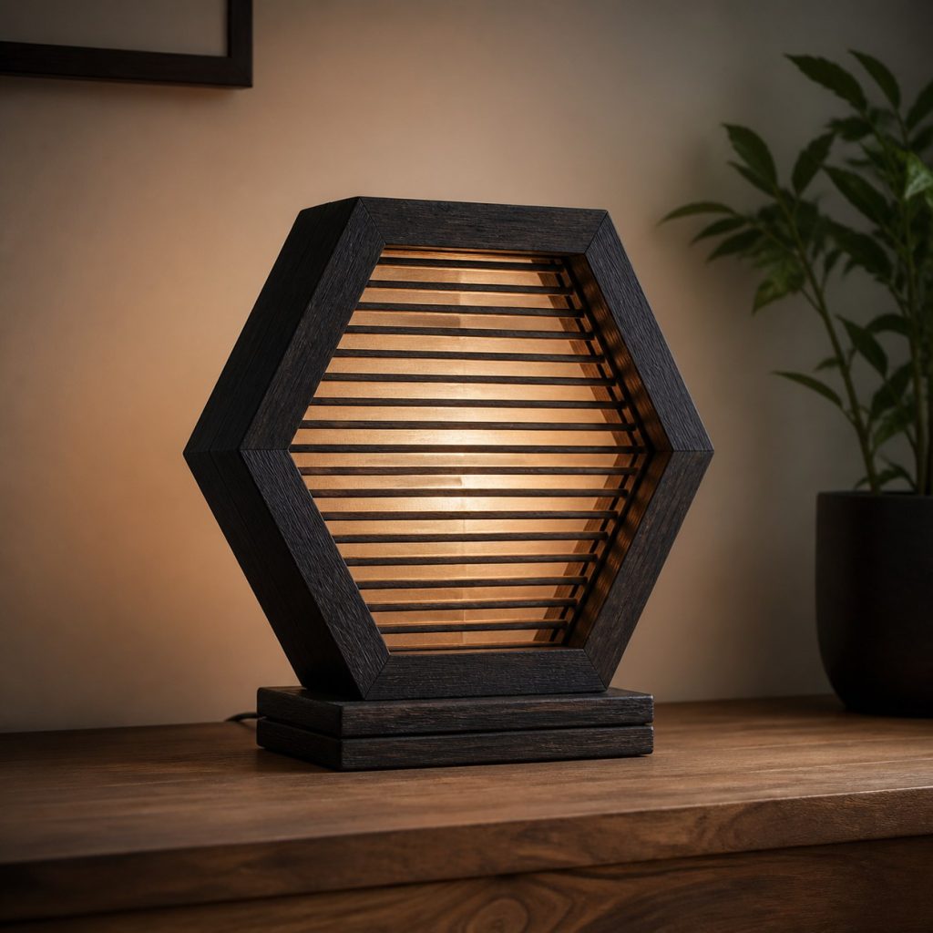 Charred Oak Hexagon Lamp shown as an original square photorealistic wooden hexagon lamp with authentic wood grain, warm diffused light, and a short dark power cord