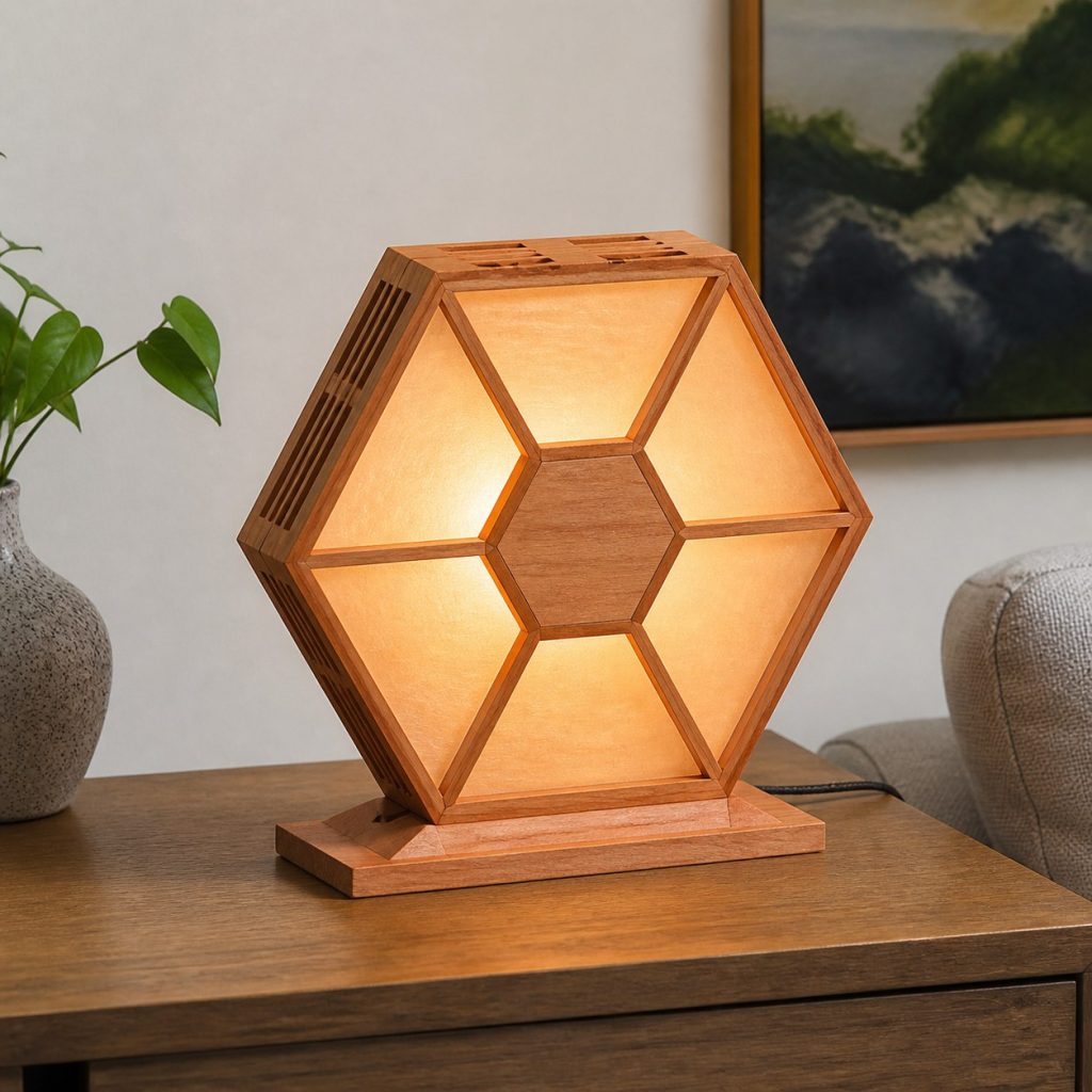 Faceted Cherry Hexagon Lamp shown as an original square photorealistic wooden hexagon lamp with authentic wood grain, warm diffused light, and a short dark power cord