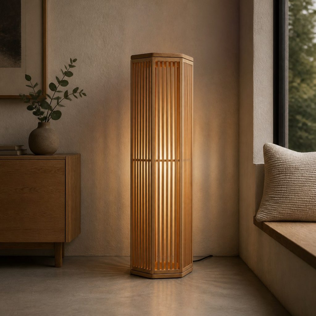 Tall Slatted Oak Hexagon Lamp shown as an original square photorealistic wooden hexagon lamp with authentic wood grain, warm diffused light, and a short dark power cord