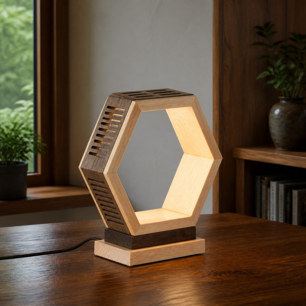 Interlocking Walnut Hexagon Lamp shown as an original square photorealistic wooden hexagon lamp with authentic wood grain, warm diffused light, and a short dark power cord