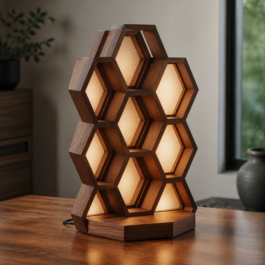 Maple Two-Tone Hexagon Lamp shown as an original square photorealistic wooden hexagon lamp with authentic wood grain, warm diffused light, and a short dark power cord