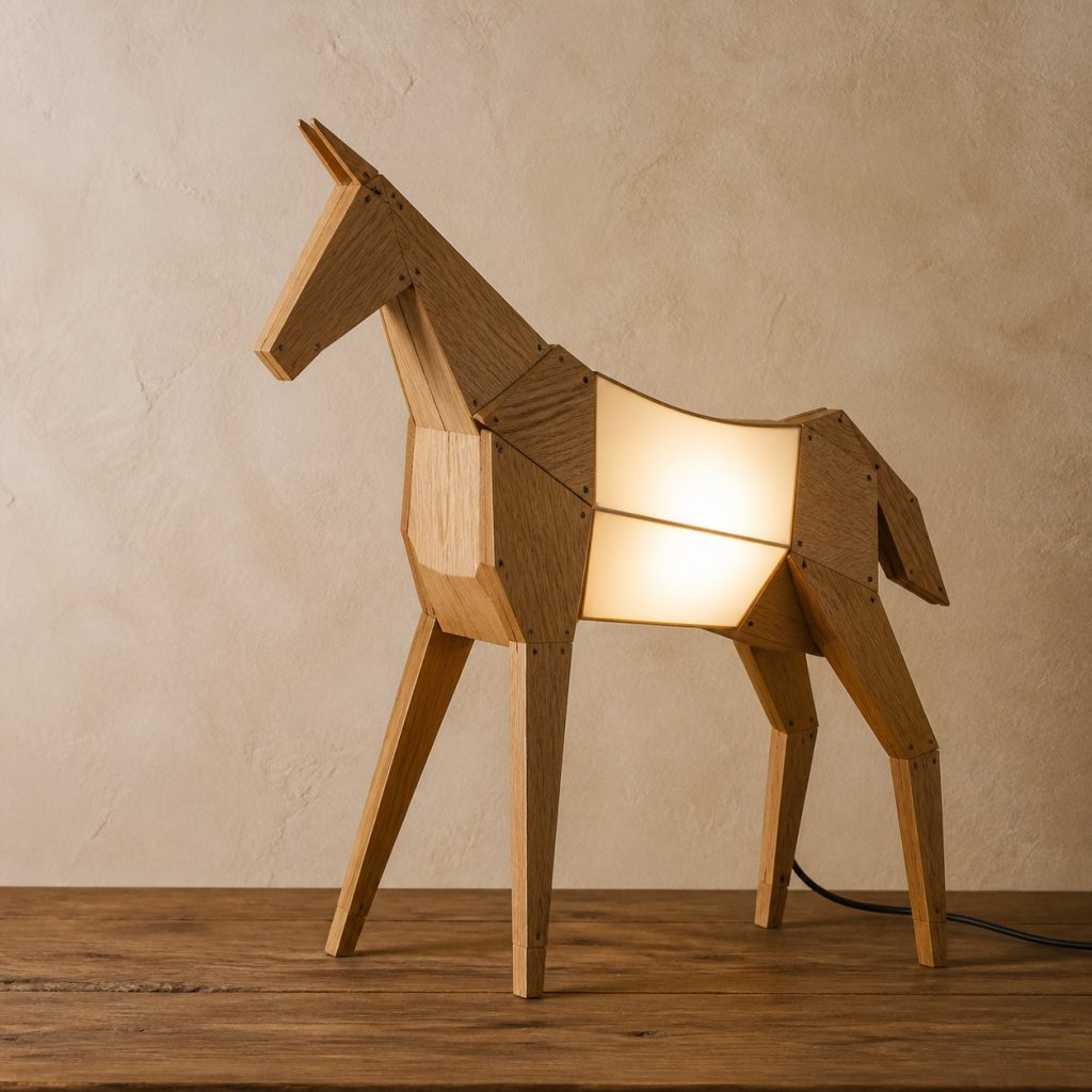 Faceted Standing Horse Lamp shown as an original square photorealistic wooden horse lamp with authentic wood grain, recognizable animal form, and warm diffused light