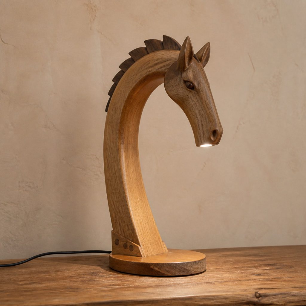 Horse Head Desk Lamp shown as an original square photorealistic wooden horse lamp with authentic wood grain, recognizable animal form, and warm diffused light