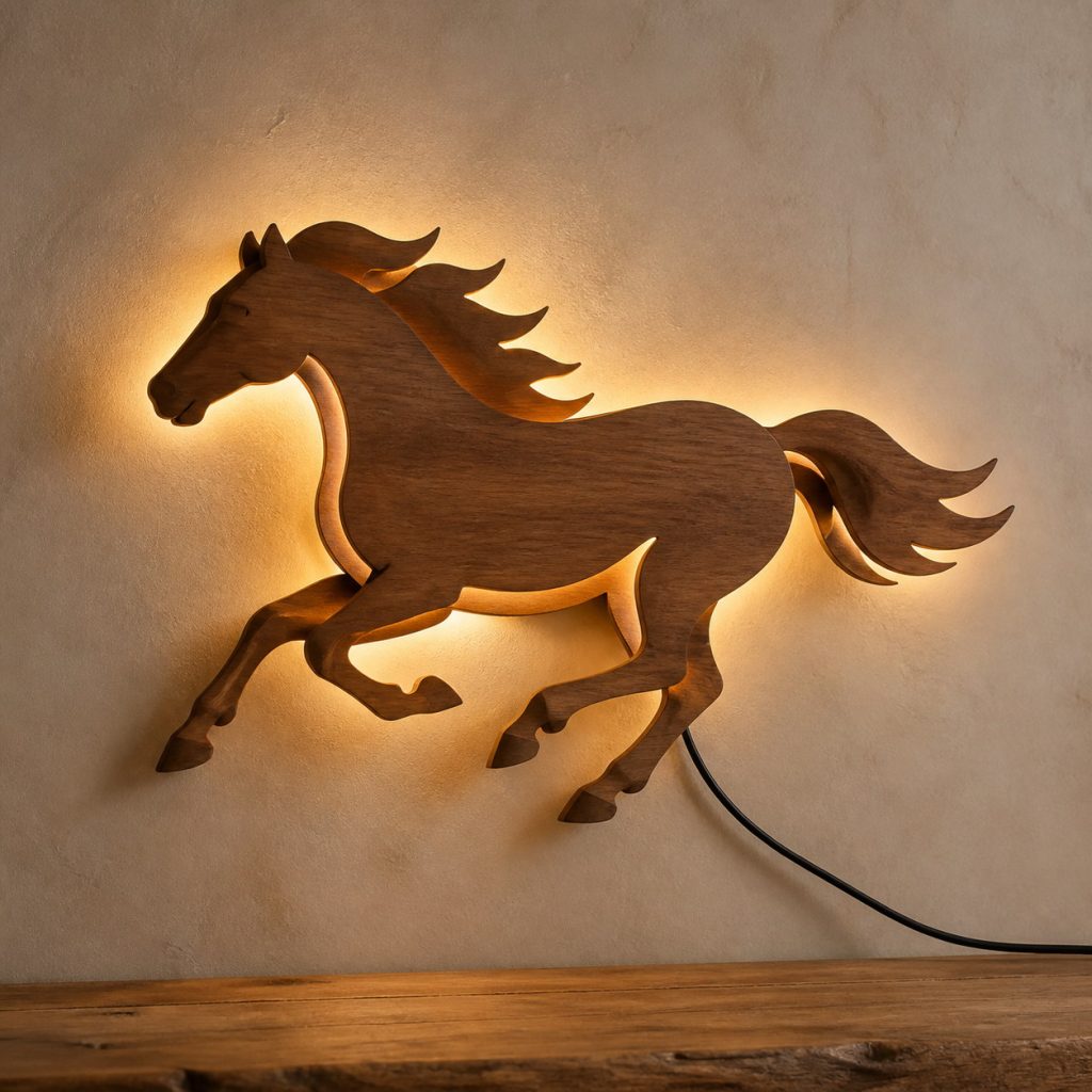 Galloping Horse Wall Sconce shown as an original square photorealistic wooden horse lamp with authentic wood grain, recognizable animal form, and warm diffused light