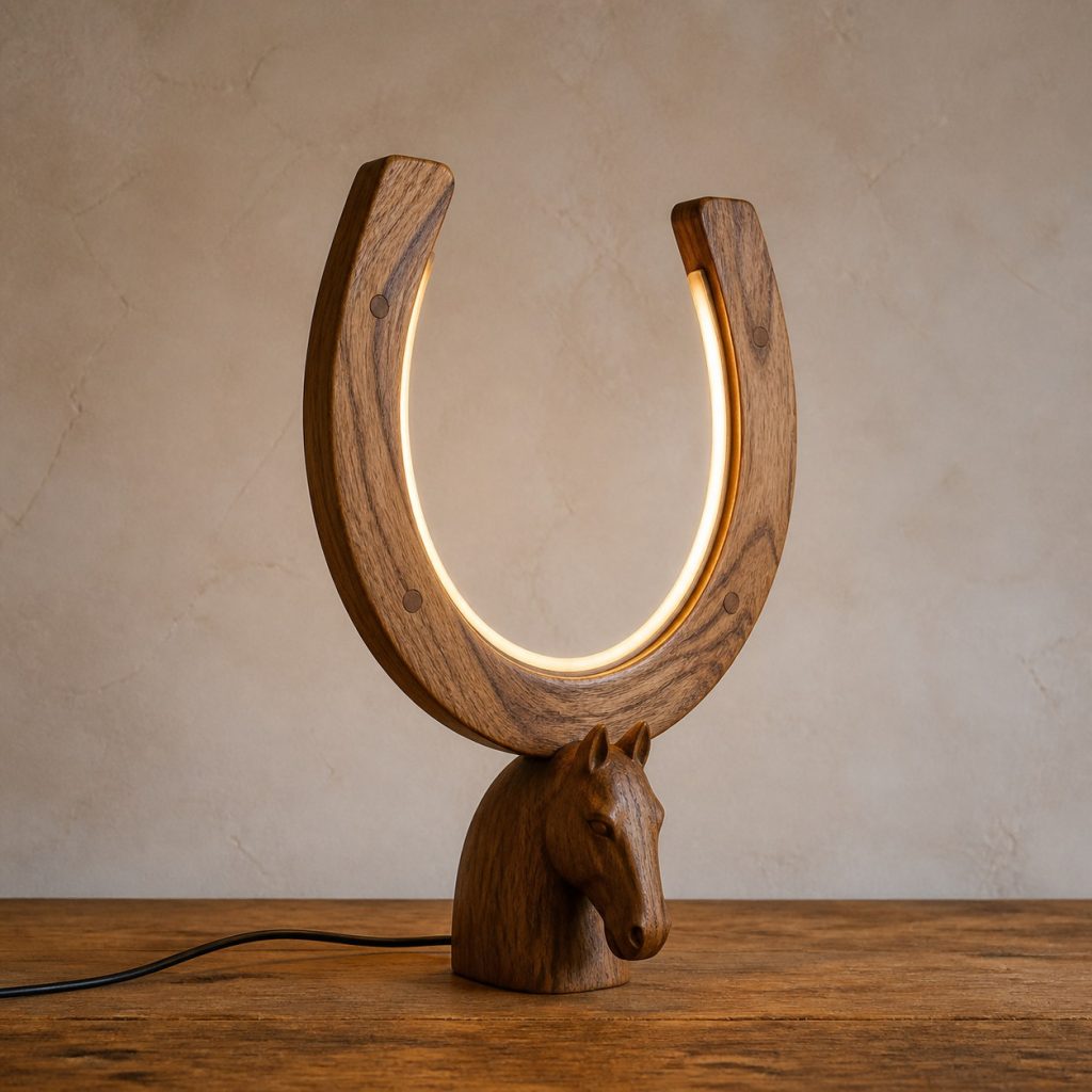 Horseshoe Table Lamp shown as an original square photorealistic wooden horse lamp with authentic wood grain, recognizable animal form, and warm diffused light