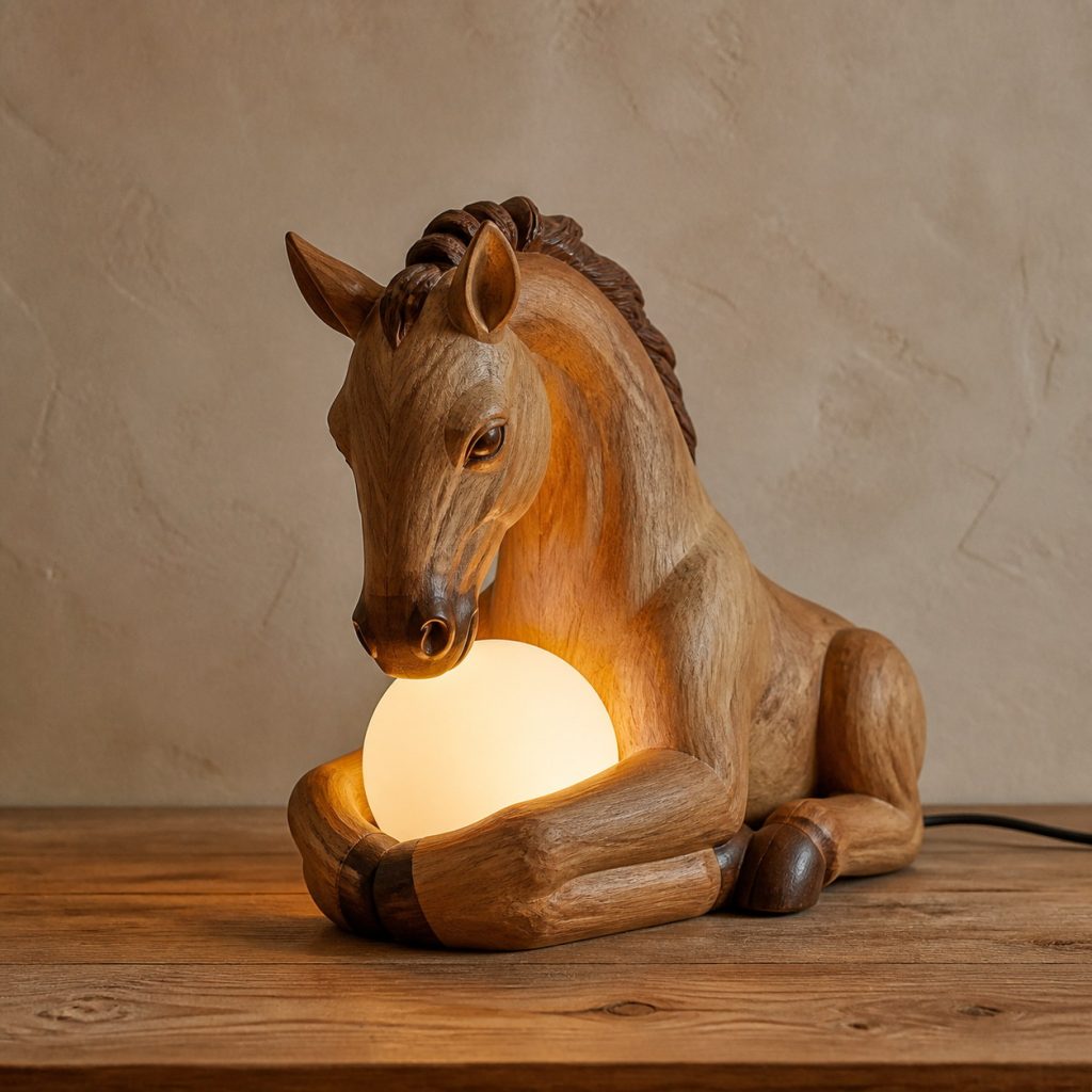 Foal Orb Lamp shown as an original square photorealistic wooden horse lamp with authentic wood grain, recognizable animal form, and warm diffused light