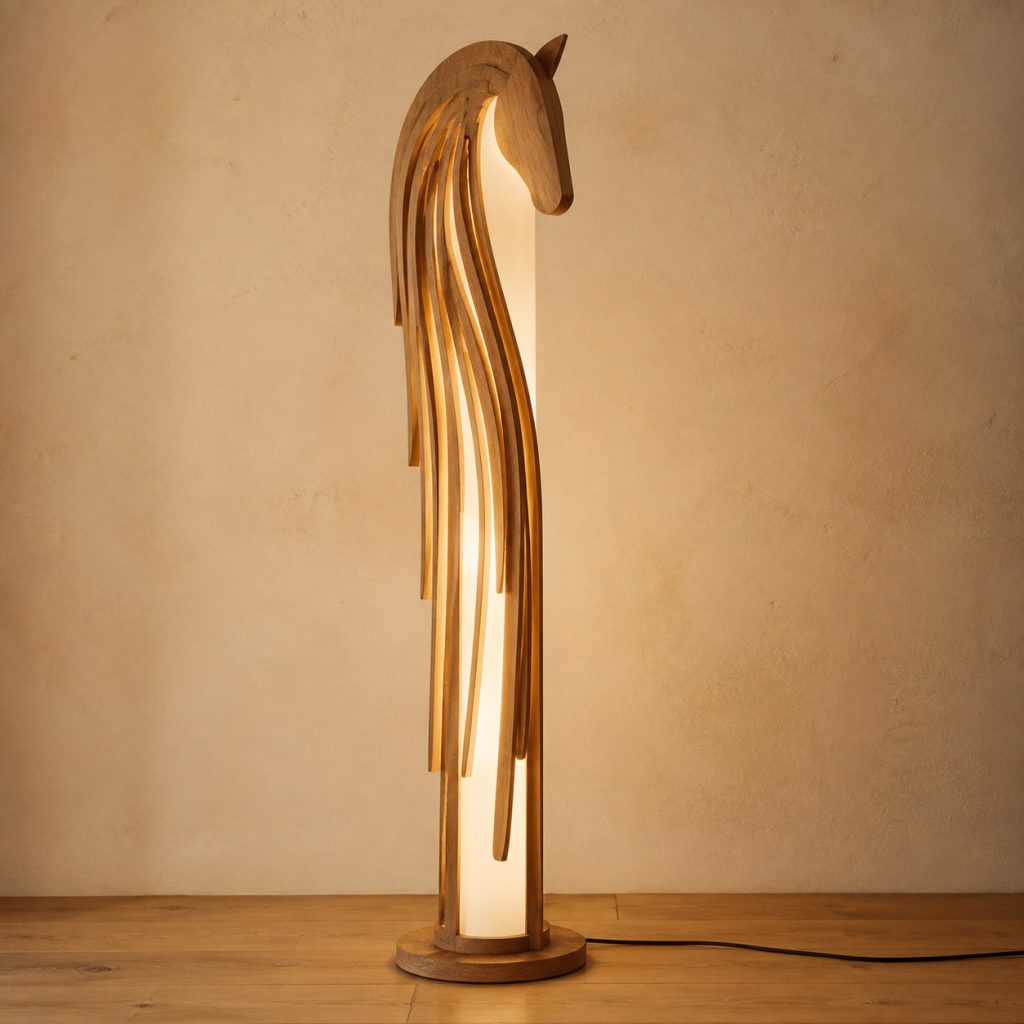 Layered-Mane Floor Lamp shown as an original square photorealistic wooden horse lamp with authentic wood grain, recognizable animal form, and warm diffused light