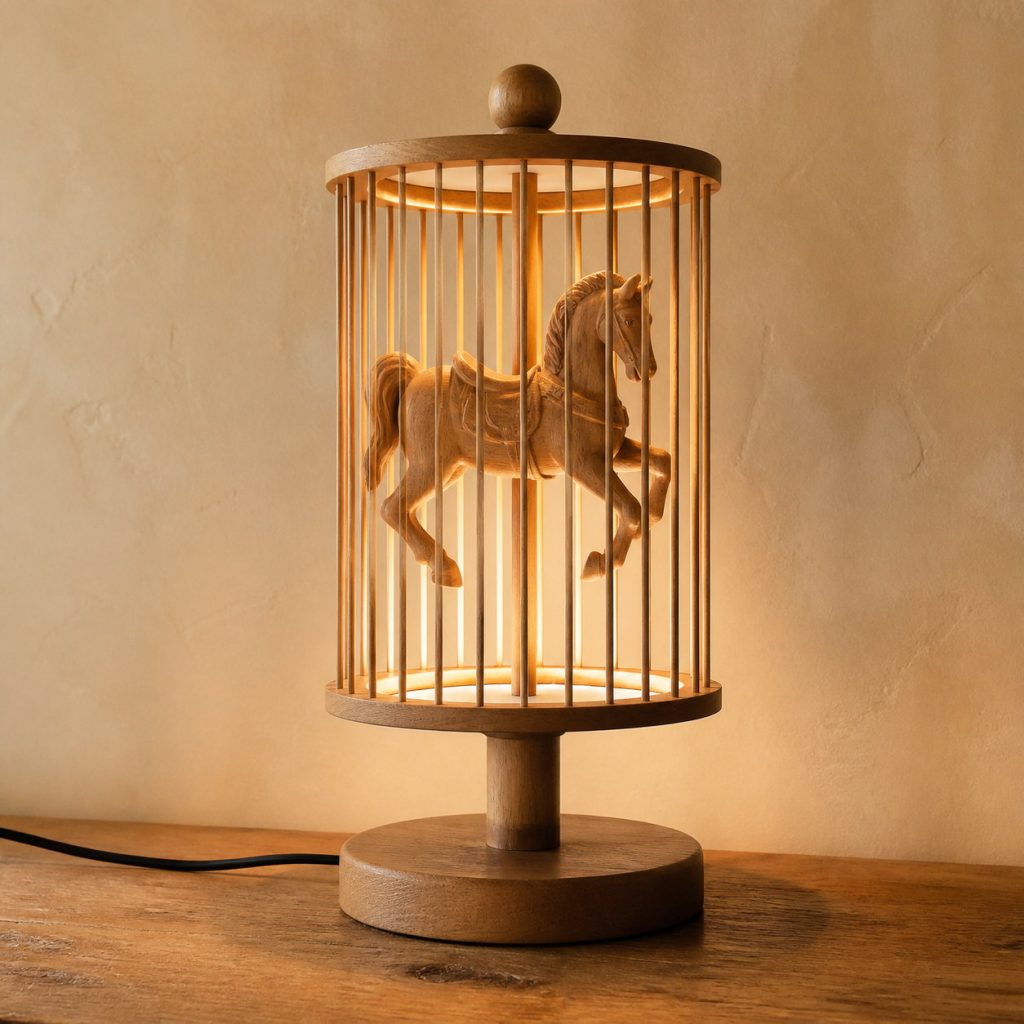 Carousel Horse Lantern shown as an original square photorealistic wooden horse lamp with authentic wood grain, recognizable animal form, and warm diffused light