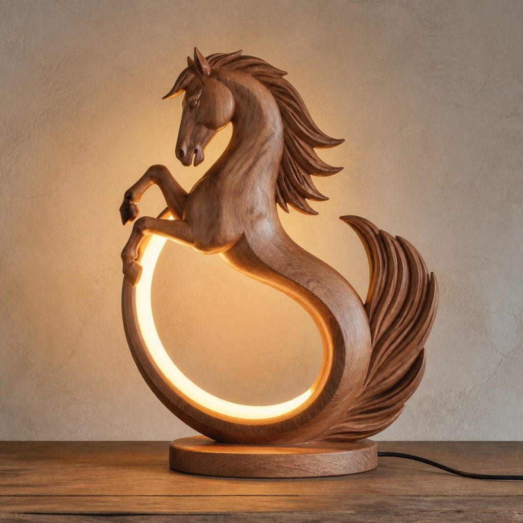 Rearing Horse Crescent Lamp shown as an original square photorealistic wooden horse lamp with authentic wood grain, recognizable animal form, and warm diffused light