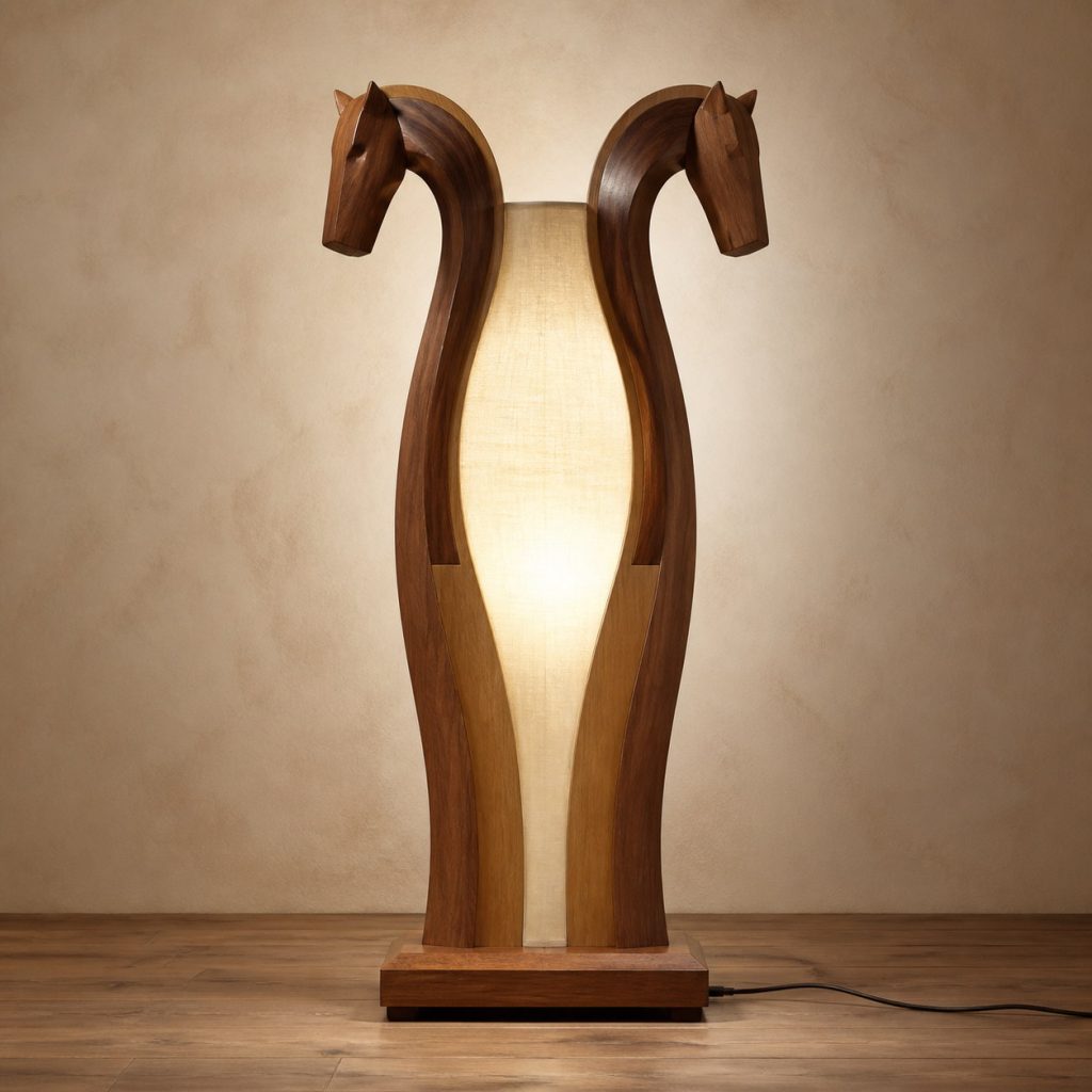 Twin-Mane Bow Floor Lamp shown as an original square photorealistic wooden horse lamp with authentic wood grain, recognizable animal form, and warm diffused light