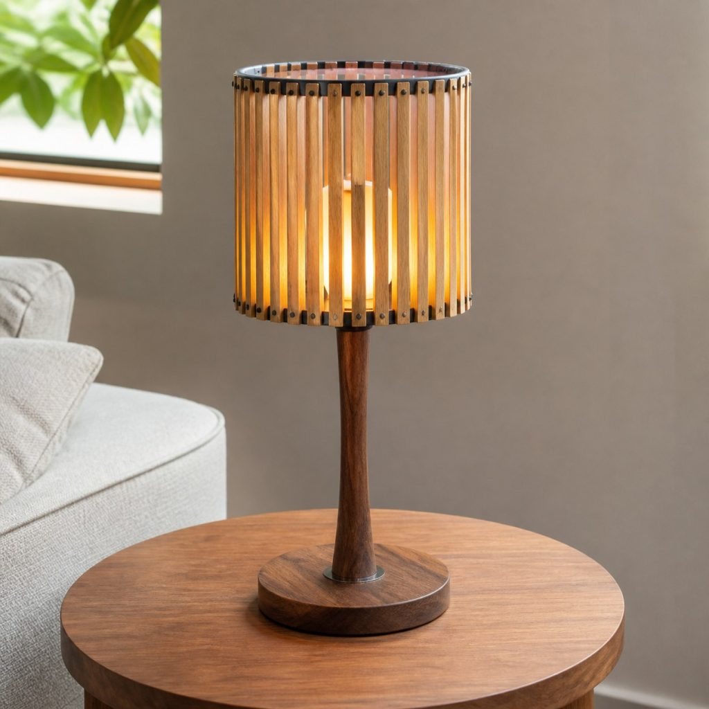 White-Oak Vertical-Slat Shade shown as a square photorealistic original wooden lamp shade on a complete table lamp with warm LED light, visible real wood grain, and physically plausible support