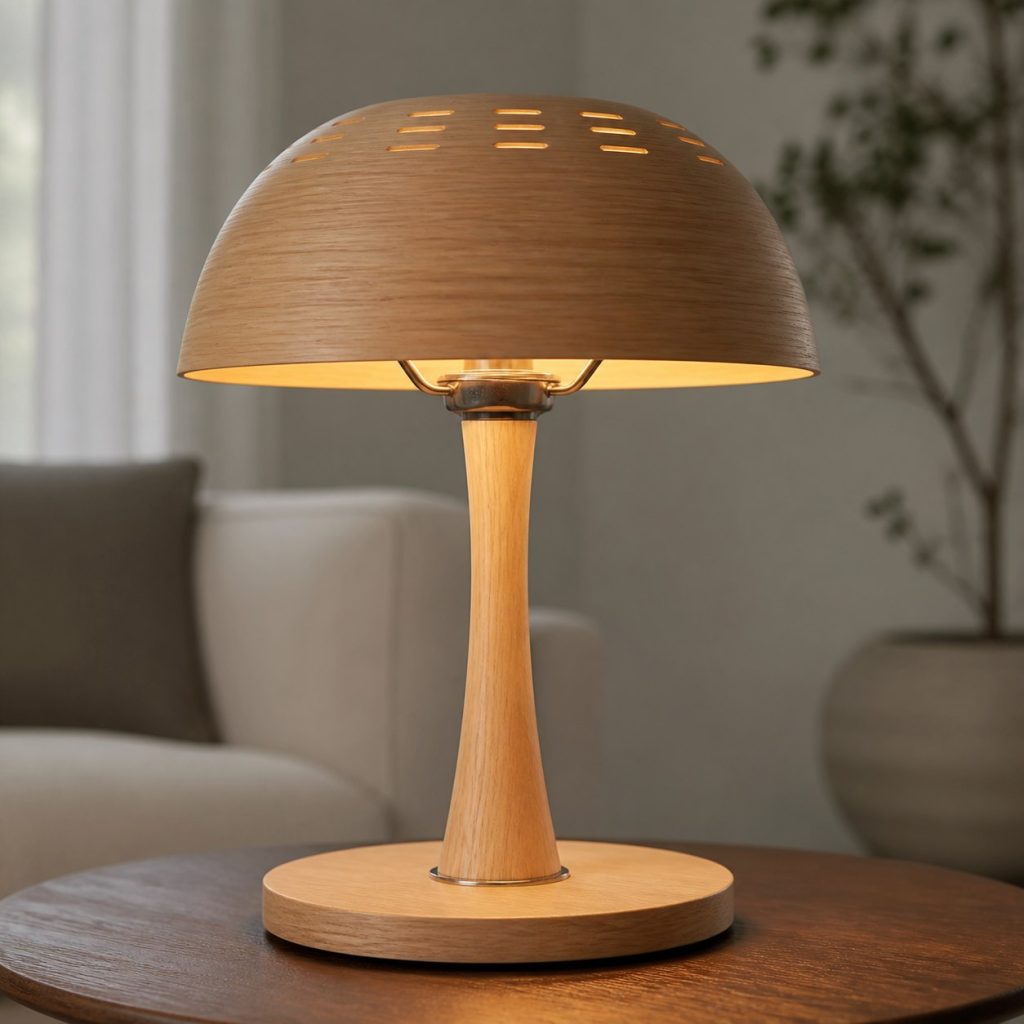 Maple Lattice Cube Shade shown as a square photorealistic original wooden lamp shade on a complete table lamp with warm LED light, visible real wood grain, and physically plausible support