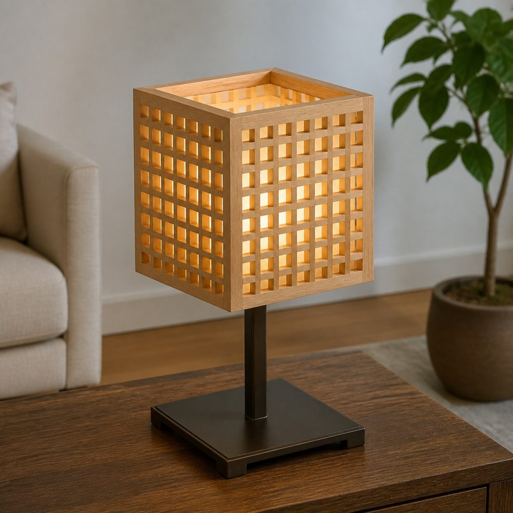 Bent-Birch Dome Shade shown as a square photorealistic original wooden lamp shade on a complete table lamp with warm LED light, visible real wood grain, and physically plausible support