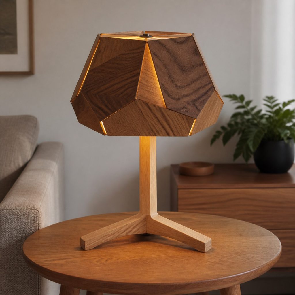 Faceted Walnut Polygon Shade shown as a square photorealistic original wooden lamp shade on a complete table lamp with warm LED light, visible real wood grain, and physically plausible support