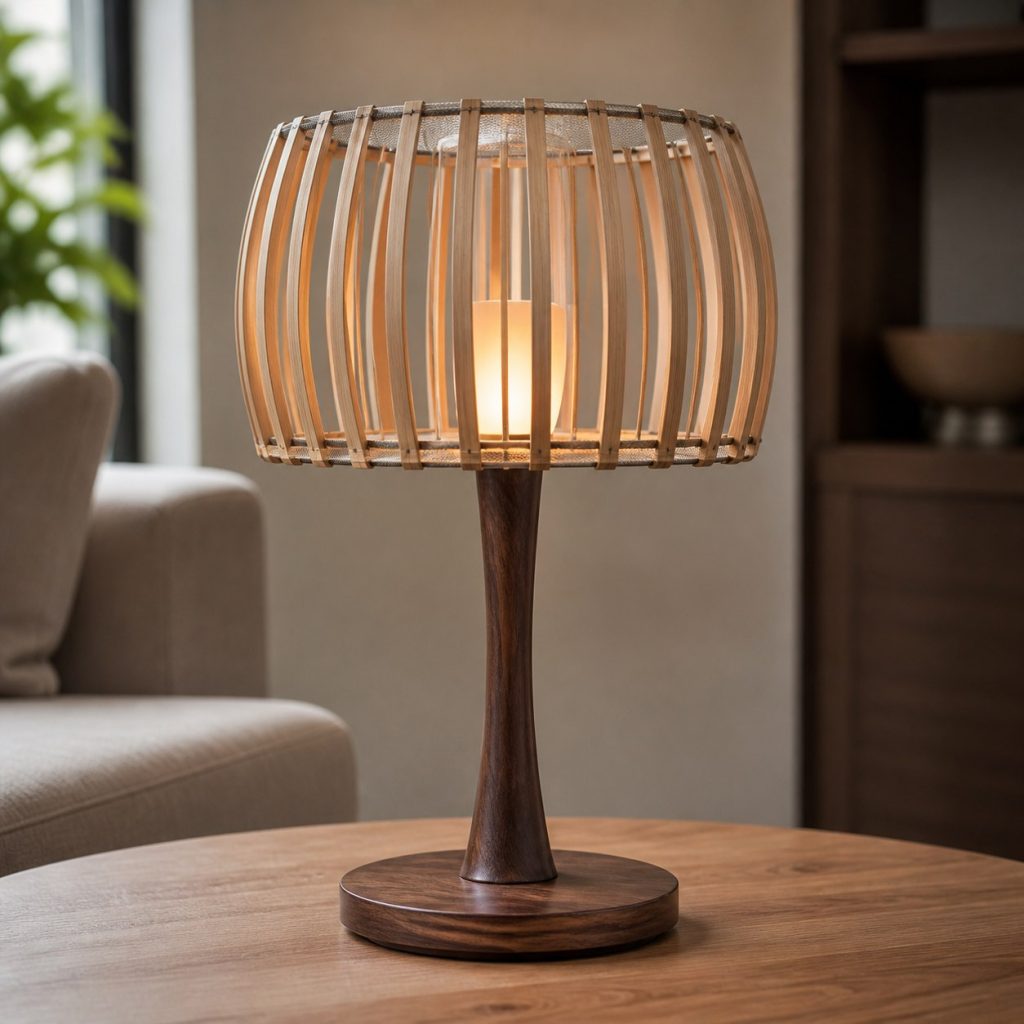 Thin Ash-Strip Basket Shade shown as a square photorealistic original wooden lamp shade on a complete table lamp with warm LED light, visible real wood grain, and physically plausible support