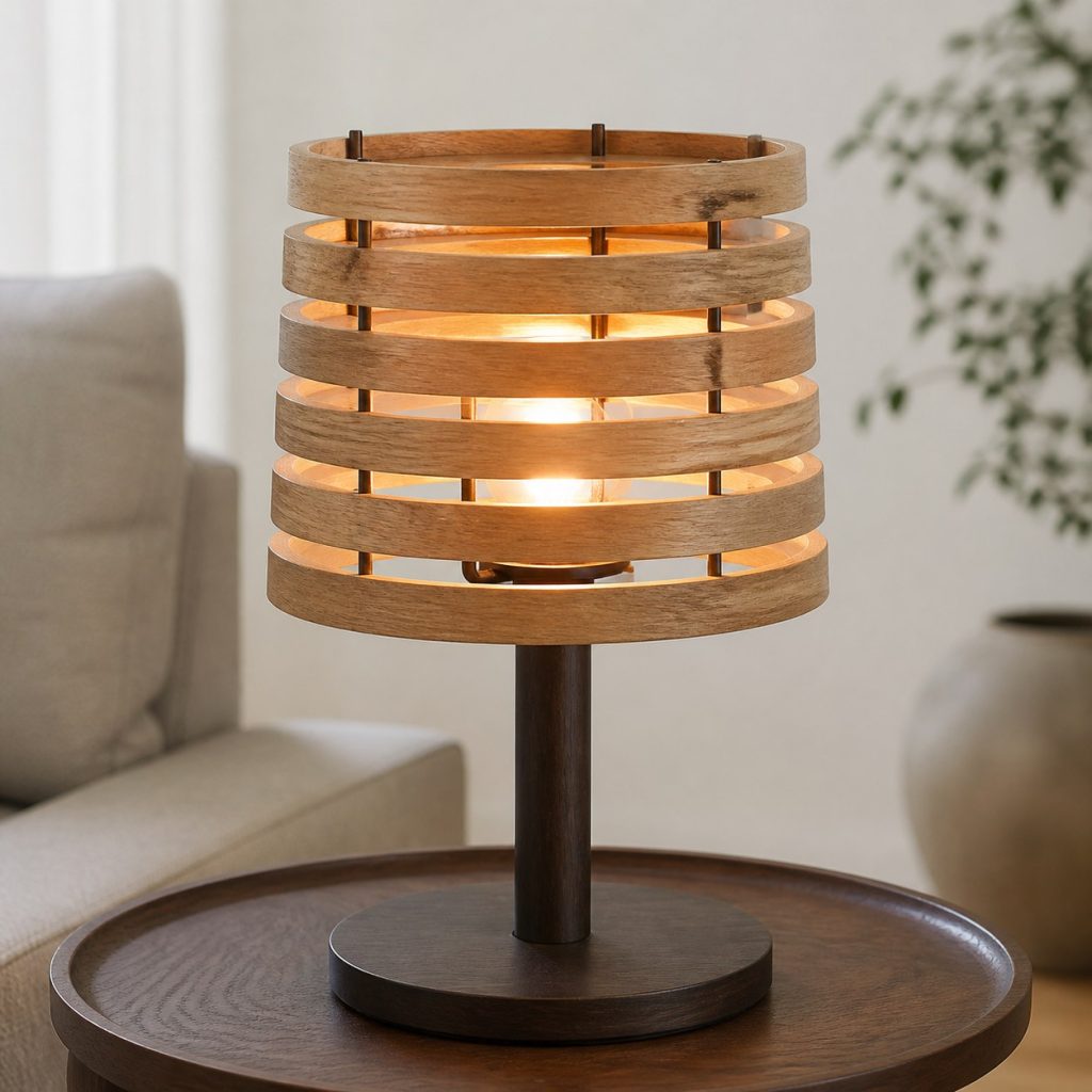 Layered Oak Ring Shade shown as a square photorealistic original wooden lamp shade on a complete table lamp with warm LED light, visible real wood grain, and physically plausible support