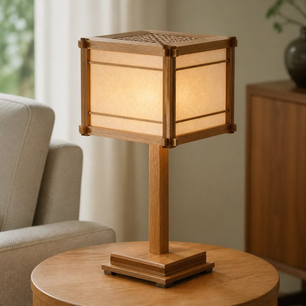 Japanese-Inspired Wood-Frame Shade shown as a square photorealistic original wooden lamp shade on a complete table lamp with warm LED light, visible real wood grain, and physically plausible support