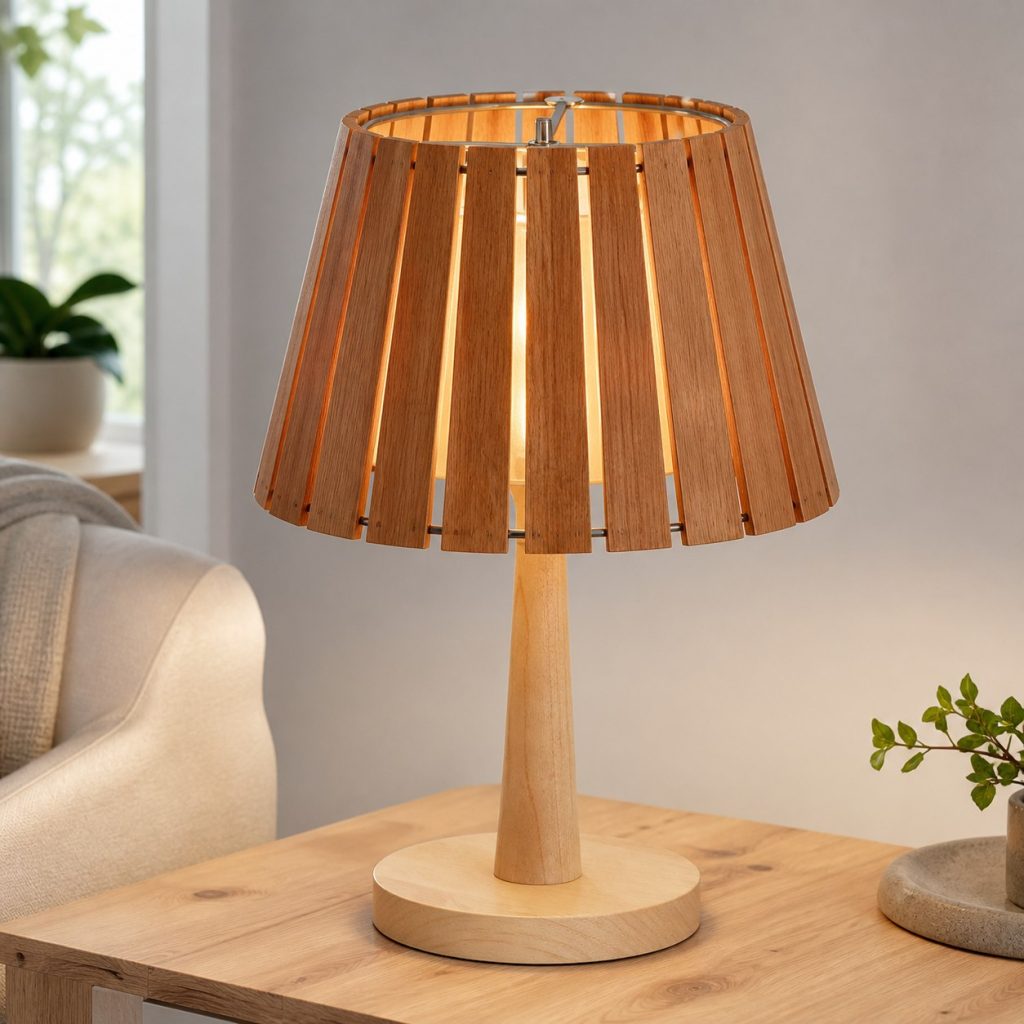 Tapered Cherry Slat Shade shown as a square photorealistic original wooden lamp shade on a complete table lamp with warm LED light, visible real wood grain, and physically plausible support