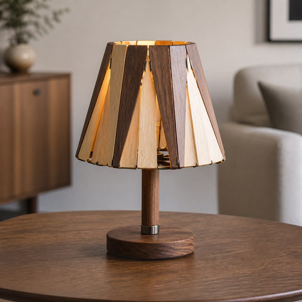 Two-Tone Geometric Wood Shade shown as a square photorealistic original wooden lamp shade on a complete table lamp with warm LED light, visible real wood grain, and physically plausible support