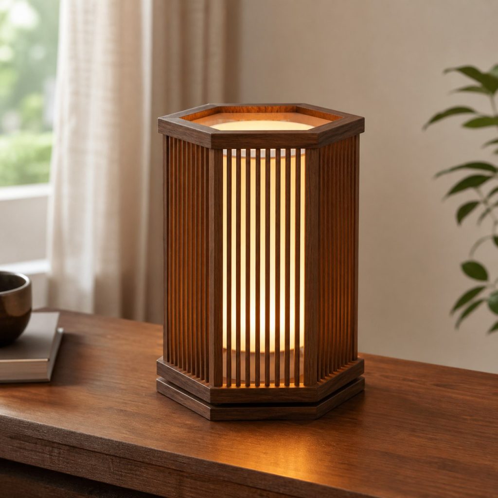 Walnut Hexagonal Lantern shown as a square photorealistic original wooden lantern table lamp with warm LED light, visible real wood grain, and physically plausible support