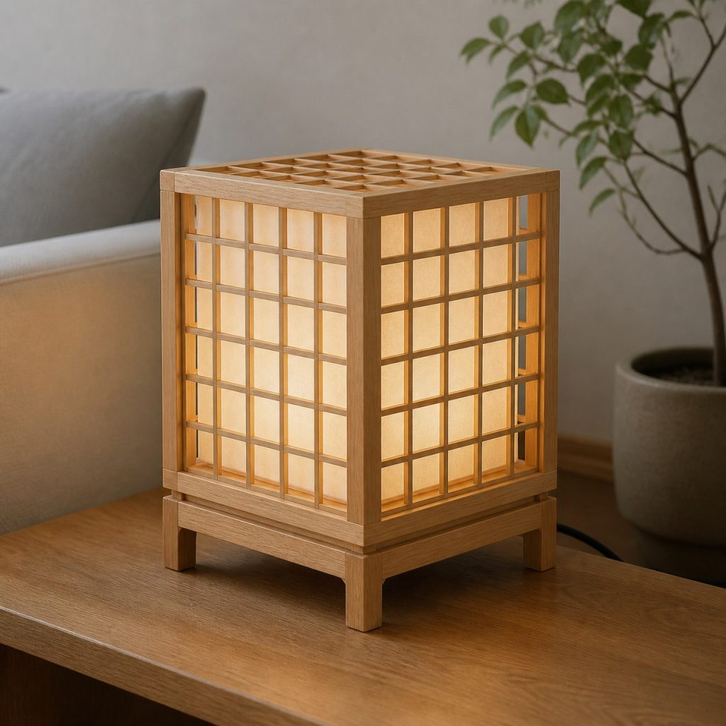 Ash Grid Lantern shown as a square photorealistic original wooden lantern table lamp with warm LED light, visible real wood grain, and physically plausible support