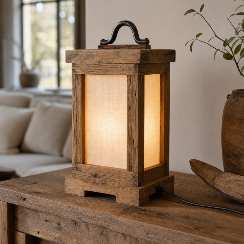 Reclaimed-Oak Portable-Style Lantern shown as a square photorealistic original wooden lantern table lamp with warm LED light, visible real wood grain, and physically plausible support