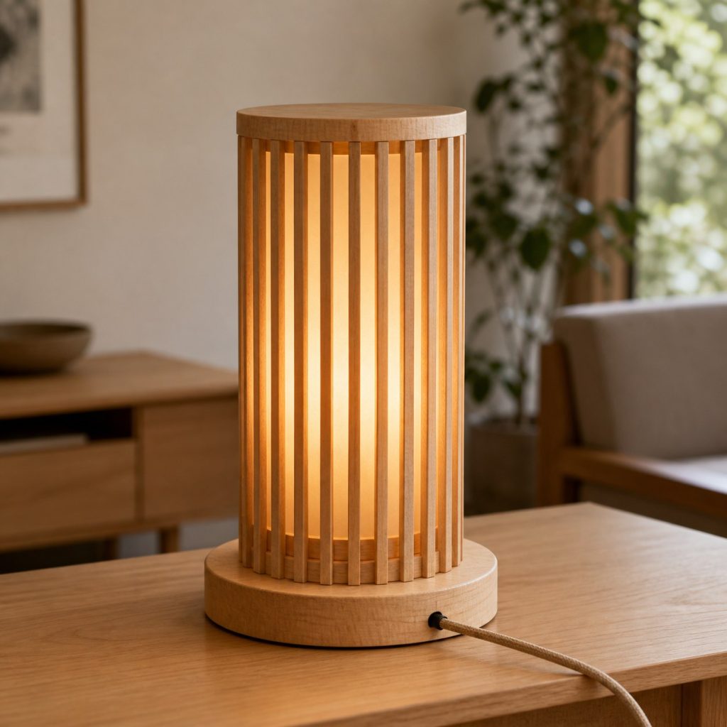 Maple Dowel Cylinder Lantern shown as a square photorealistic original wooden lantern table lamp with warm LED light, visible real wood grain, and physically plausible support