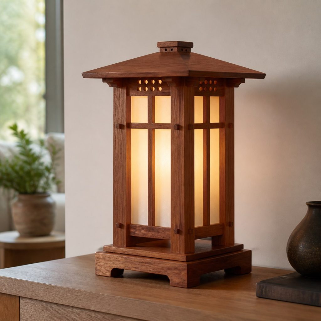 Cherry Mission Lantern shown as a square photorealistic original wooden lantern table lamp with warm LED light, visible real wood grain, and physically plausible support