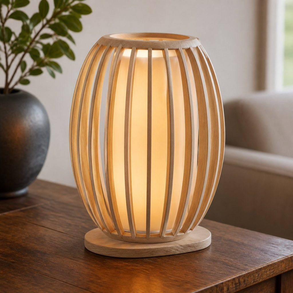 Bent-Ash Oval Lantern shown as a square photorealistic original wooden lantern table lamp with warm LED light, visible real wood grain, and physically plausible support