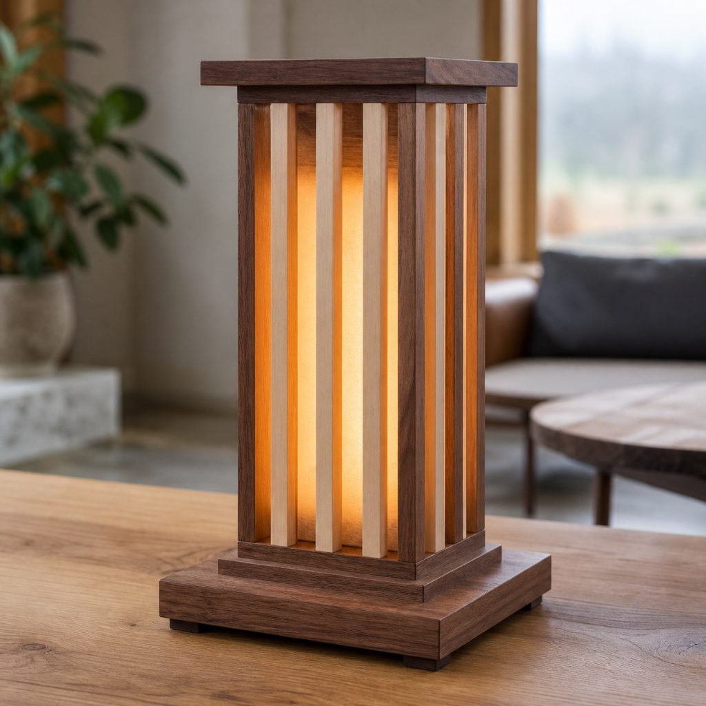 Two-Tone Slat Lantern shown as a square photorealistic original wooden lantern table lamp with warm LED light, visible real wood grain, and physically plausible support