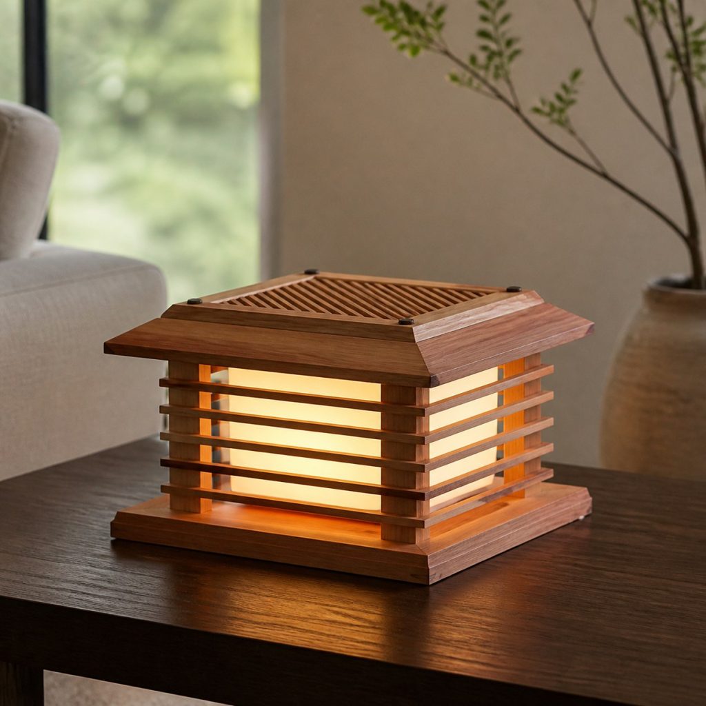 Low Cedar-Inspired Lantern shown as a square photorealistic original wooden lantern table lamp with warm LED light, visible real wood grain, and physically plausible support
