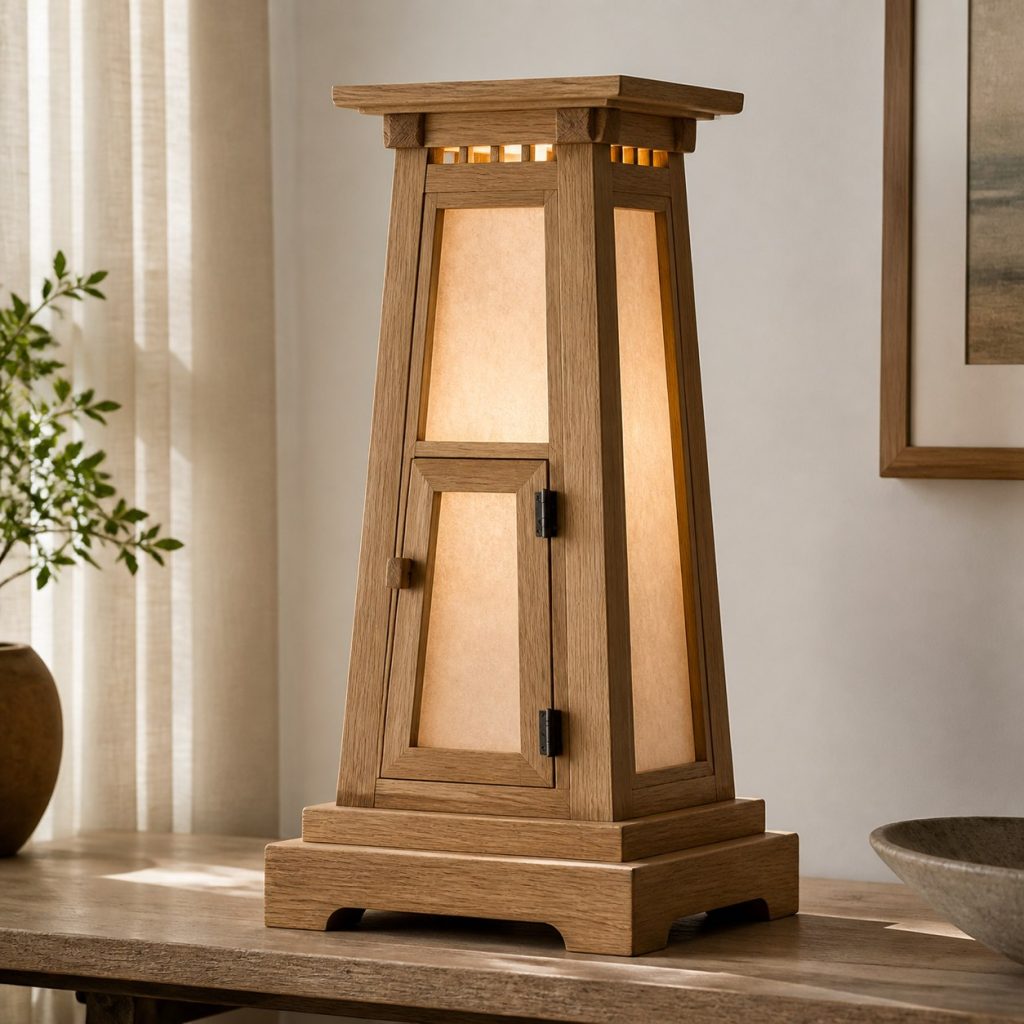 Tall White-Oak Tapered Lantern shown as a square photorealistic original wooden lantern table lamp with warm LED light, visible real wood grain, and physically plausible support