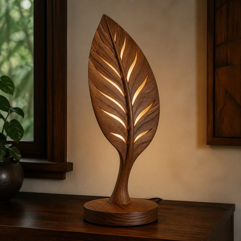 Carved Walnut Leaf Lamp shown as an original square photorealistic wooden leaf-inspired lamp with authentic wood grain, warm diffused light, and a short dark power cord