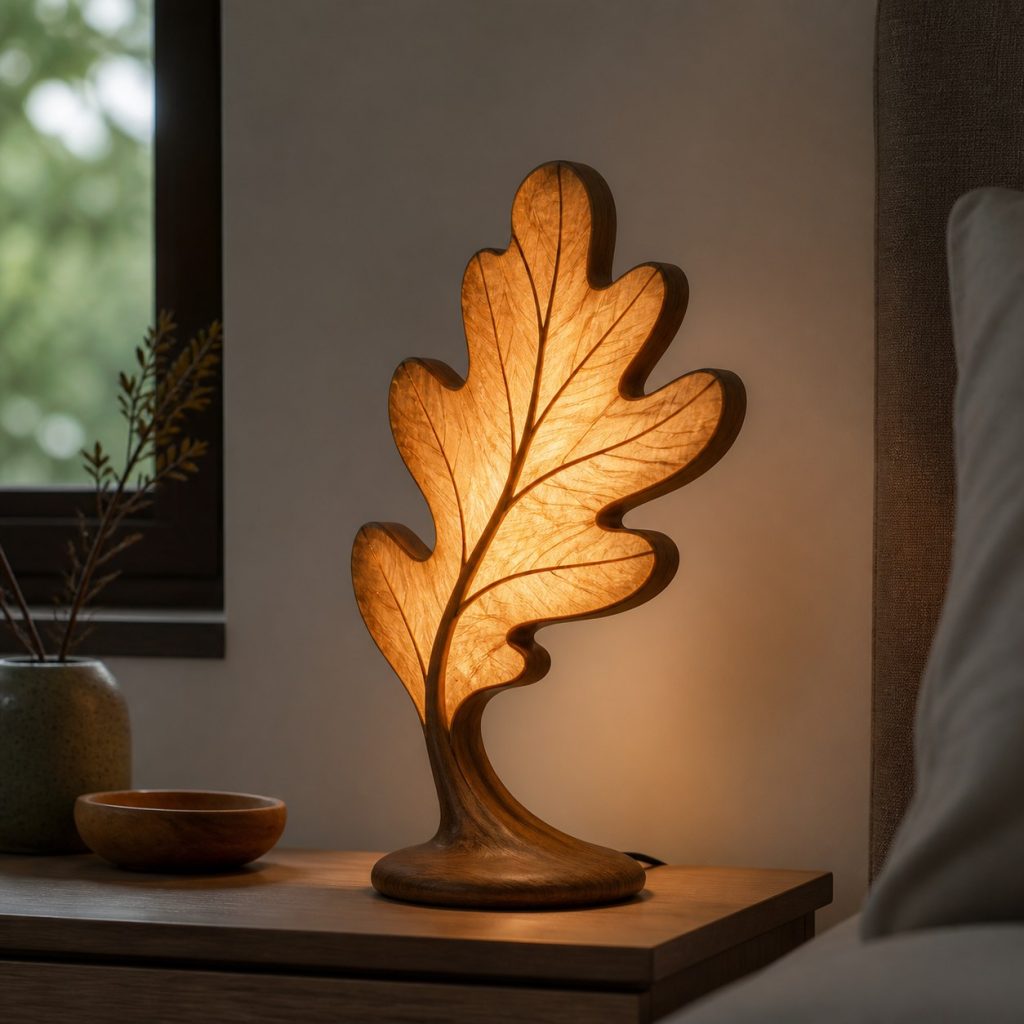 Oak Vein-Pattern Leaf Lamp shown as an original square photorealistic wooden leaf-inspired lamp with authentic wood grain, warm diffused light, and a short dark power cord