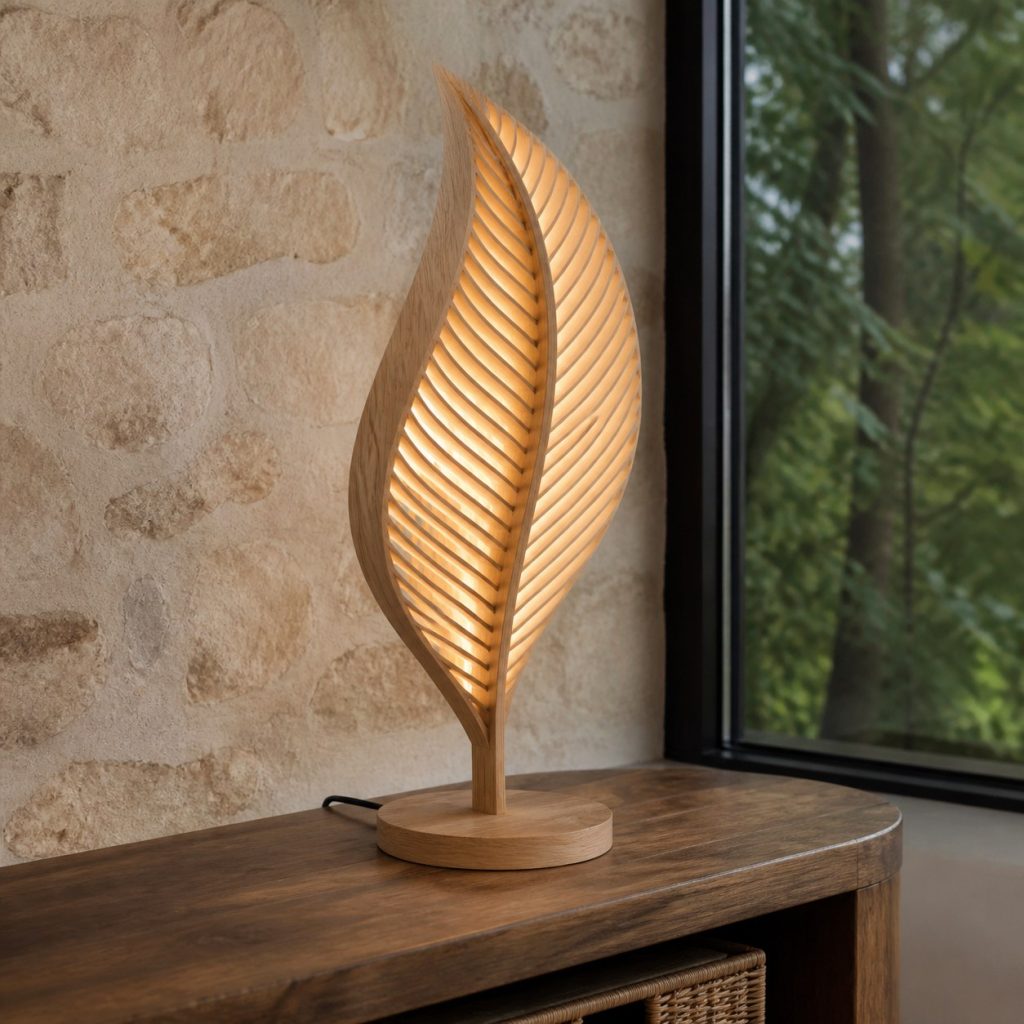 Laminated Ash Leaf Lamp shown as an original square photorealistic wooden leaf-inspired lamp with authentic wood grain, warm diffused light, and a short dark power cord