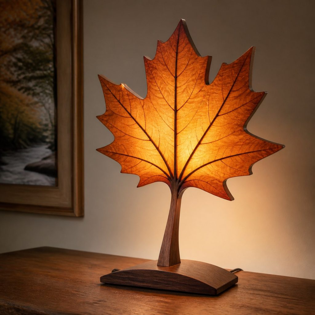 Maple Stem Leaf Desk Lamp shown as an original square photorealistic wooden leaf-inspired lamp with authentic wood grain, warm diffused light, and a short dark power cord