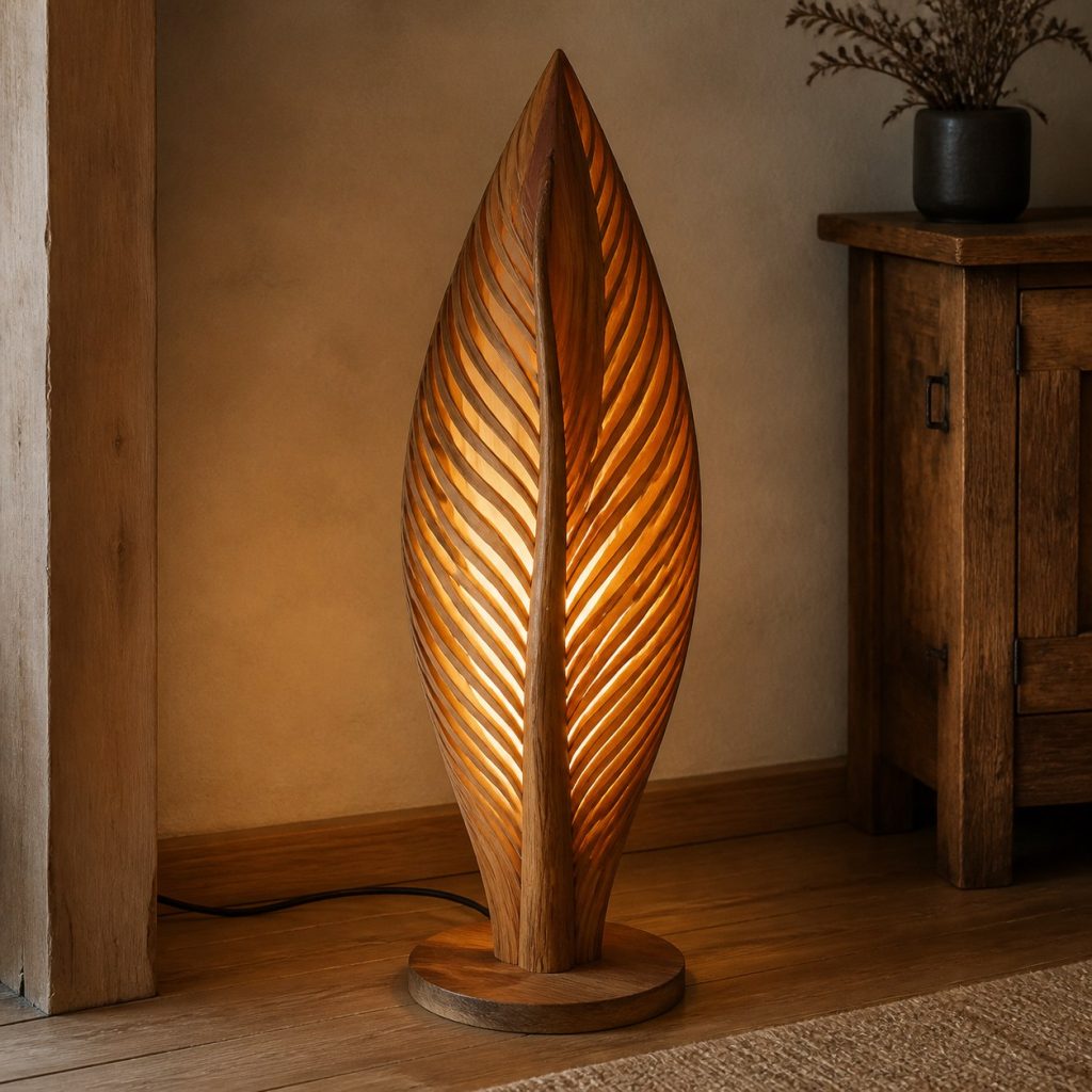 Slatted Cedar Leaf Lantern shown as an original square photorealistic wooden leaf-inspired lamp with authentic wood grain, warm diffused light, and a short dark power cord